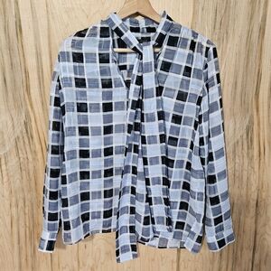 Ann Taylor Tie Neck Blue Plaid Long Sleeve Semi Sheer Chiffon Blouse Wmns Sz XS